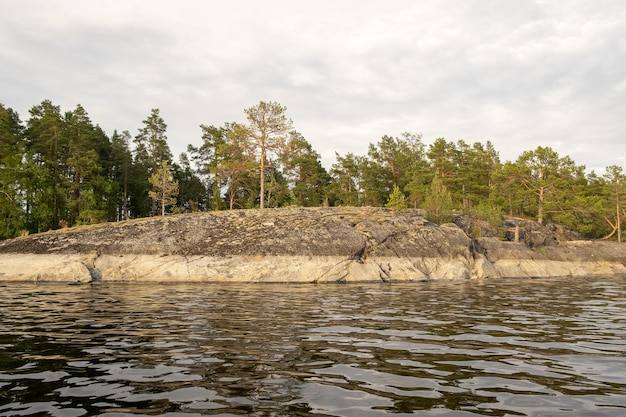 Lago Ladoga Panorama della Repubblica di Carelia Natura settentrionale della Russia Isola con pini