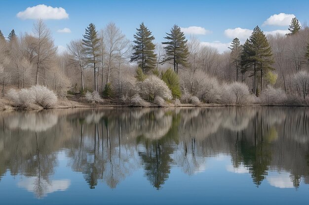 Lago limpido con il riflesso degli alberi e del cielo in una fresca giornata di primavera