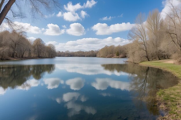 Lago limpido con il riflesso degli alberi e del cielo in una fresca giornata di primavera