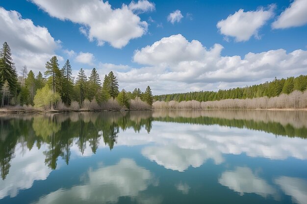 Lago limpido con il riflesso degli alberi e del cielo in una fresca giornata di primavera