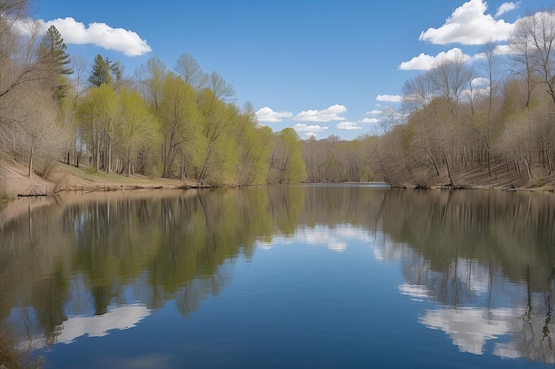 Lago limpido con il riflesso degli alberi e del cielo in una fresca giornata di primavera