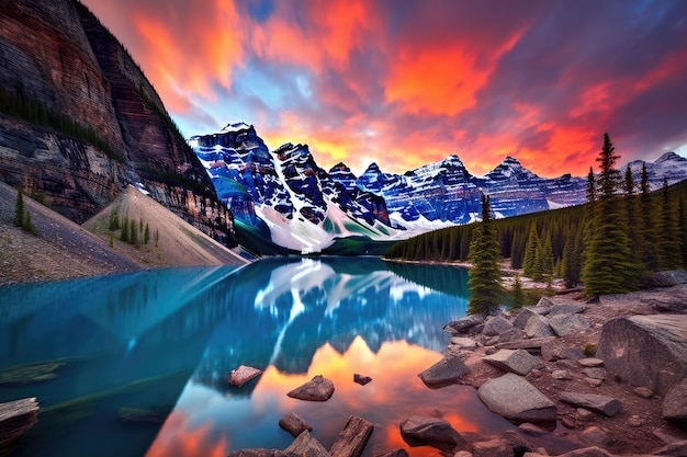 Lago Louise al tramonto Banff National Park Alberta Canada Moraine Lake Sunrise Paesaggio colorato AI Generato