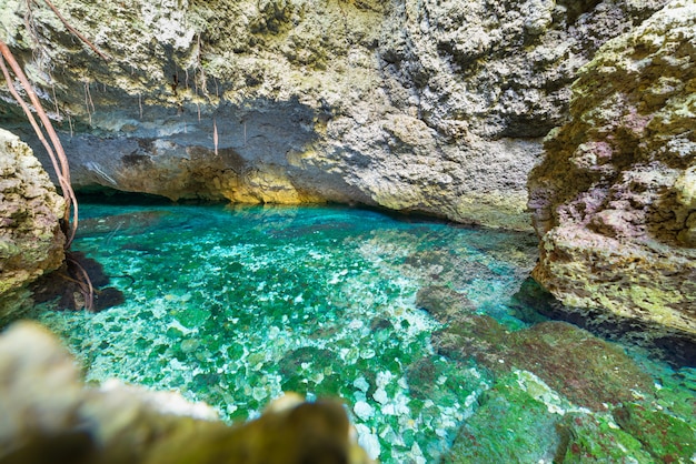 Lago naturale all&#39;interno della grotta calcarea, acqua trasparente turchese