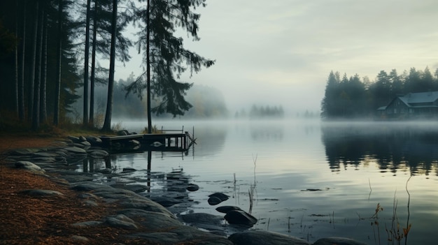 Lago nebbioso con riflessi di alberi e montagne