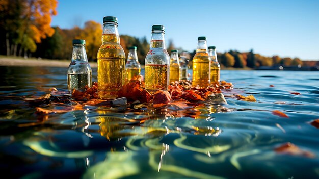 Lago o fiume inquinato Molte bottiglie di plastica o rifiuti nell'acqua