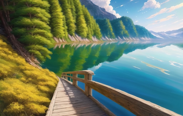 Lago panoramico nel mezzo dell'illustrazione della foresta ai generata per le fiabe delle storie dei bambini