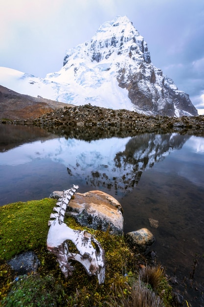 Lago peruviano con una massiccia catena montuosa riflessa sull'acqua Huayhuash