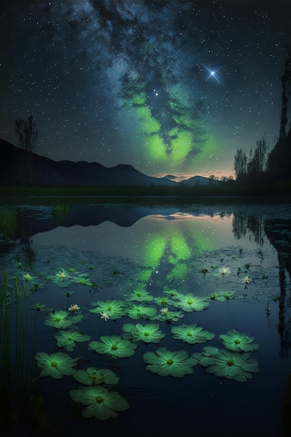 Lago pieno di ninfee sotto un cielo notturno ai generativo