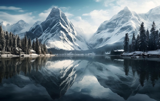 lago riflesso nelle montagne frostpunk