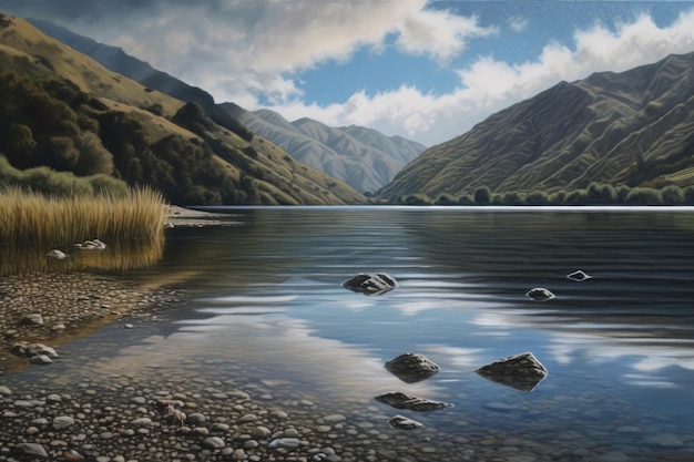 Lago sereno circondato da maestose montagne IA generativa