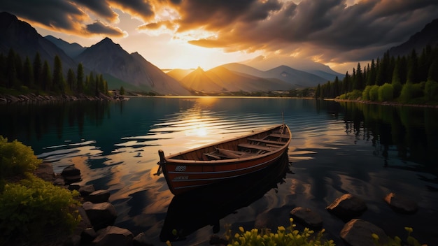 Lago sereno circondato da montagne con una barca in primo piano IA generativa