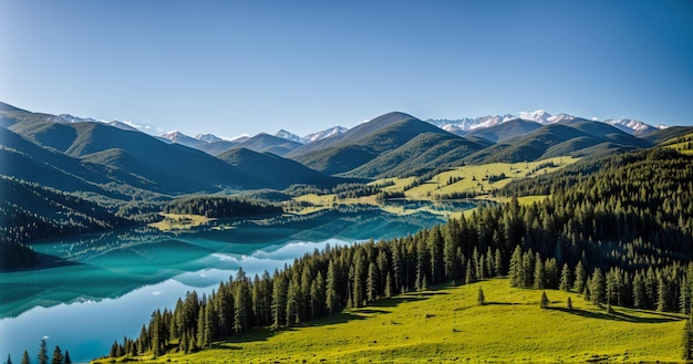 Lago sullo sfondo della foresta verde banner IA generativa