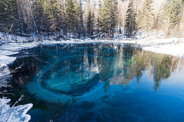 Lago termale turchese nel distretto di ulagan vicino al villaggio di aktash altai repubblica