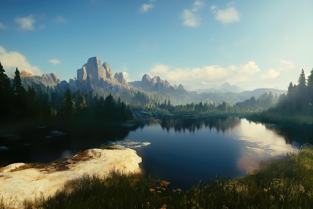 Lago tra le montagne nella foresta di giornata di sole intorno al paesaggio