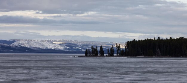 Lago Yellowstone con montagne innevate nel paesaggio americano