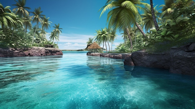 Laguna blu con palme e acqua turchese IA generativa