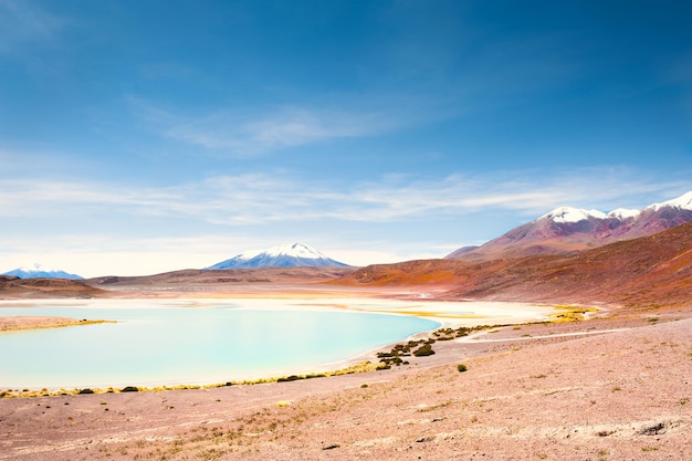 Laguna e vulcani d'alta quota sull'altopiano dell'Altiplano, Bolivia. Paesaggi del Sud America