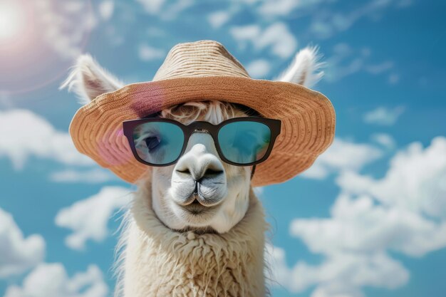 Lama con accessori che indossa cappello di paglia e occhiali da sole