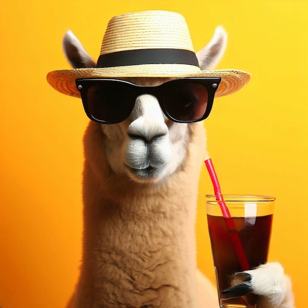 Lama Indossa cappello di paglia e tiene un drink