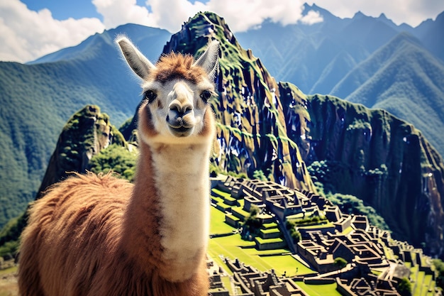 Lama nel villaggio di Machu Picchu Perù Lama E Machu Picchu AI Generato