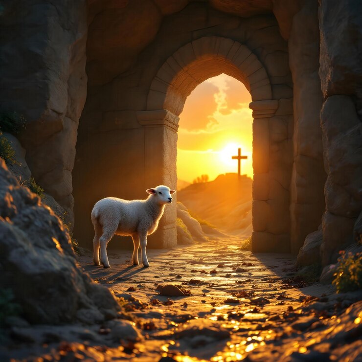 Lamb at the Entrance of a Tomb with Cross at Sunrise