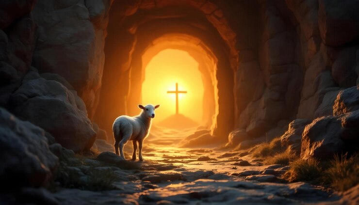 Lamb at the Entrance of a Tomb with Cross at Sunrise