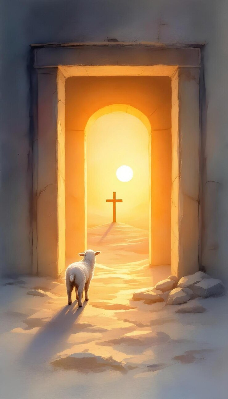 Lamb at the Entrance of a Tomb with Cross at Sunrise