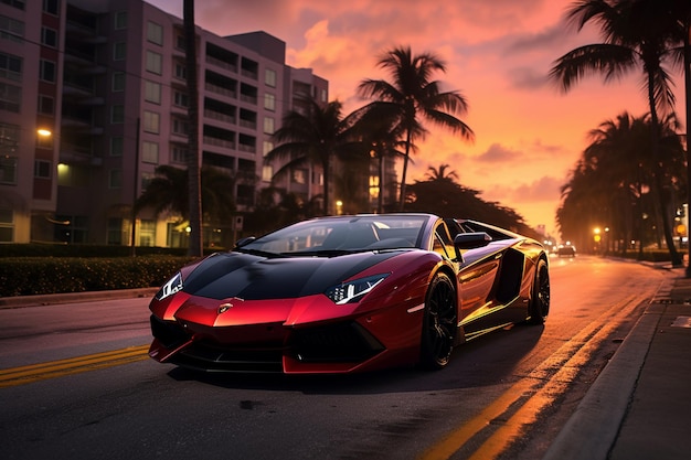 lamborghini aventador nel boulevard di Miami al tramonto