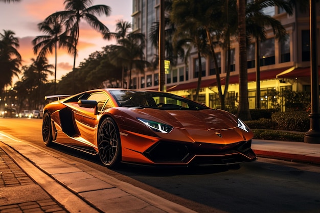 lamborghini aventador nel boulevard di Miami al tramonto