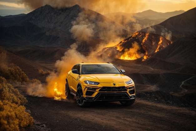 Lamborghini giallo urus su montagne di fuoco nell'inferno indietro