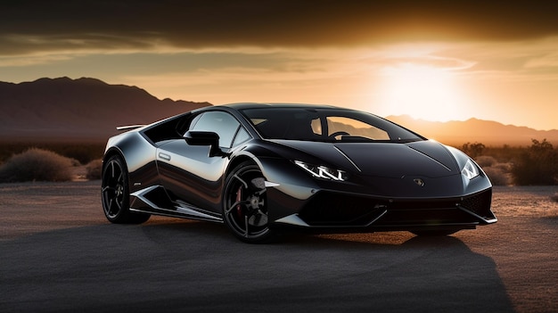 Lamborghini nera su sfondo tramonto