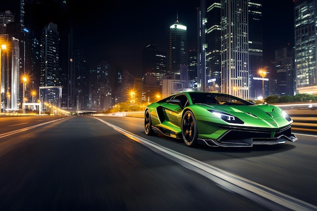 Lamborghini verde che corre in via Dubai di notte