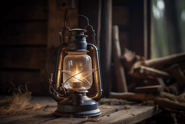 Lampada a cherosene d'epoca su tavolo in legno rustico in camera oscura IA generativa