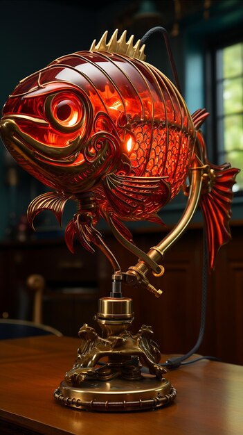 Lampada a forma di pesce rosso seduta sopra un tavolo di legno AI generativa