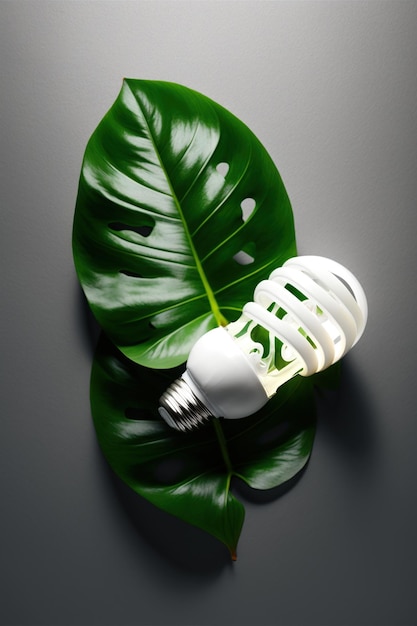 Lampada a LED con foglia verde Concetto energetico ECO da vicino Risparmio energetico e ambiente ecologico Energia rinnovabile e risparmio energetico concetto di consumo energetico ecologico o ecologico AI Generative