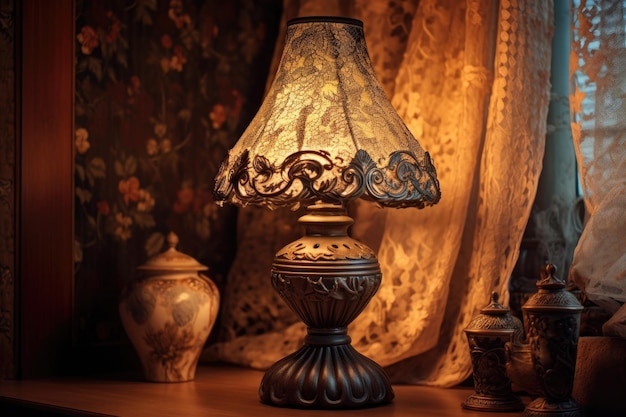 Lampada antica con motivi ornati in luce soffusa creata con ai generativa