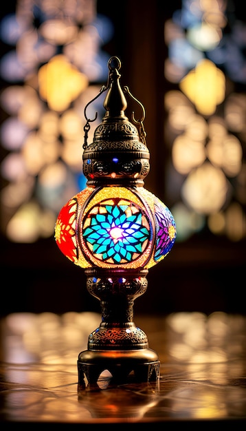 Lampada araba con luce colorata sul tavolo generata da Ai