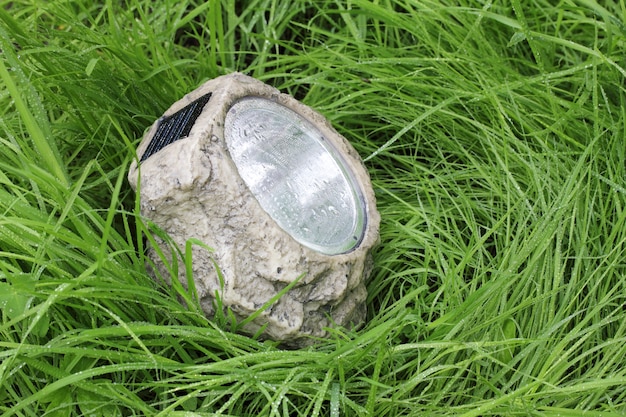 Lampada con fotocellula nell'erba bagnata