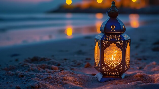 Lampada concetto islamico Lanterna tradizionale araba sulla spiaggia sfondo di saluto Ramadan e Eid Mubarak