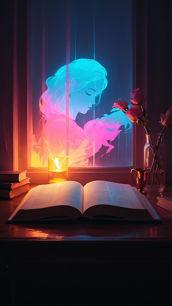 Lampada d'amore luminosa con libro aperto Romantica e calda sfumatura confortevole in una stanza per la lettura