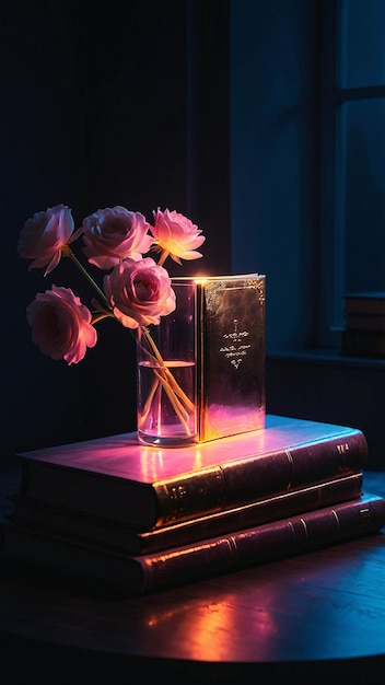 Lampada d'amore luminosa con libro aperto Romantica e calda sfumatura confortevole in una stanza per la lettura