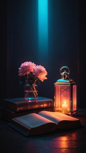 Lampada d'amore luminosa con libro aperto Romantica e calda sfumatura confortevole in una stanza per la lettura