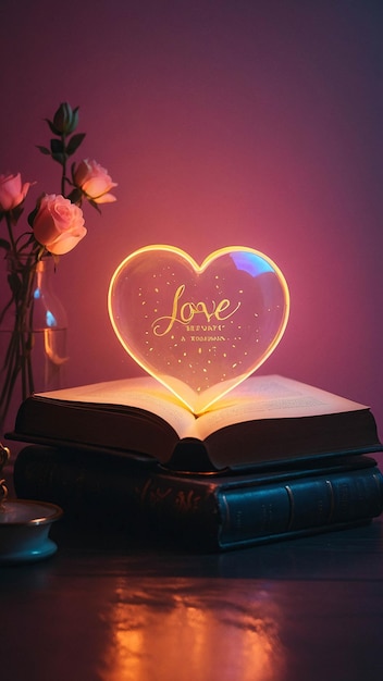 Lampada d'amore luminosa con libro aperto Romantica e calda sfumatura confortevole in una stanza per la lettura