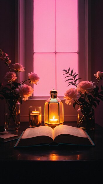 Lampada d'amore luminosa con libro aperto Romantica e calda sfumatura confortevole in una stanza per la lettura