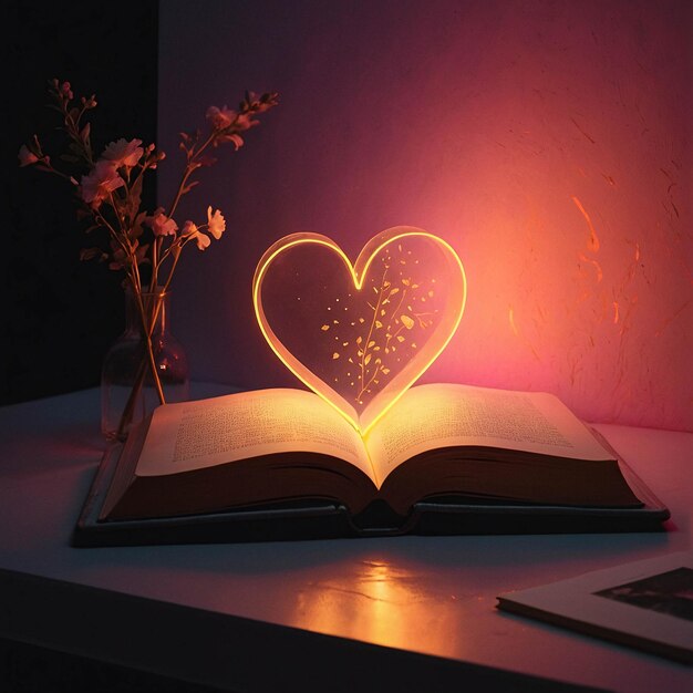 Lampada d'amore luminosa con libro aperto Romantica e calda sfumatura confortevole in una stanza per la lettura