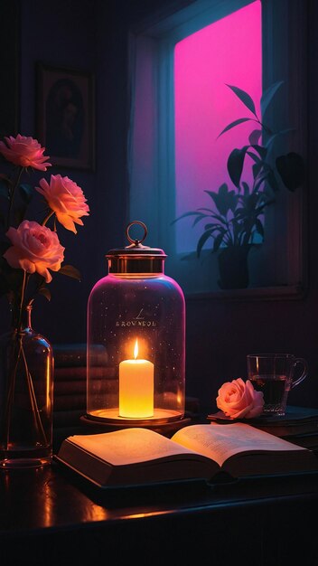 Lampada d'amore luminosa con libro aperto Romantica e calda sfumatura confortevole in una stanza per la lettura