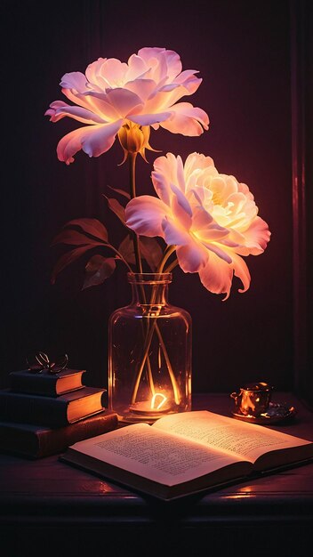 Lampada d'amore luminosa con libro aperto Romantica e calda sfumatura confortevole in una stanza per la lettura