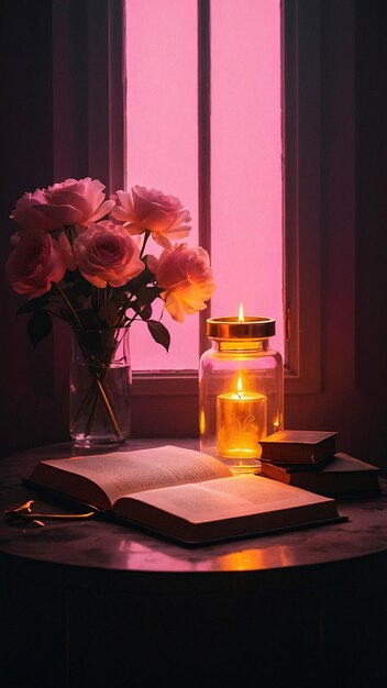 Lampada d'amore luminosa con libro aperto Romantica e calda sfumatura confortevole in una stanza per la lettura