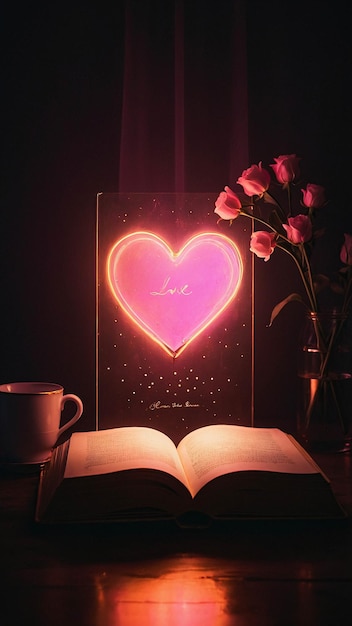 Lampada d'amore luminosa con libro aperto Romantica e calda sfumatura confortevole in una stanza per la lettura