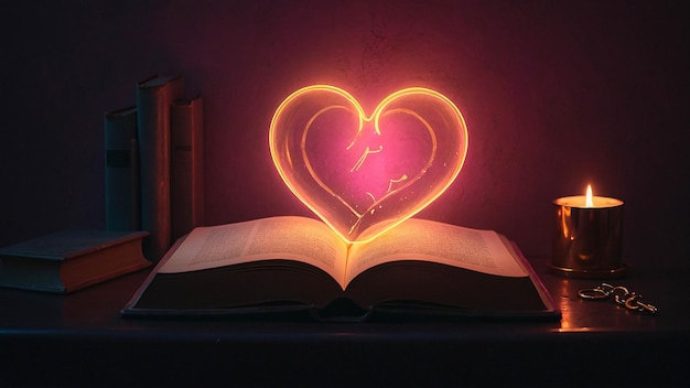 Lampada d'amore luminosa con libro aperto Romantica e calda sfumatura confortevole in una stanza per la lettura